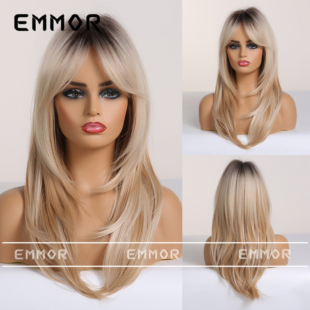 Women's Bangs Gradient Golden Mid-length Hair Curling Wig Long Curls