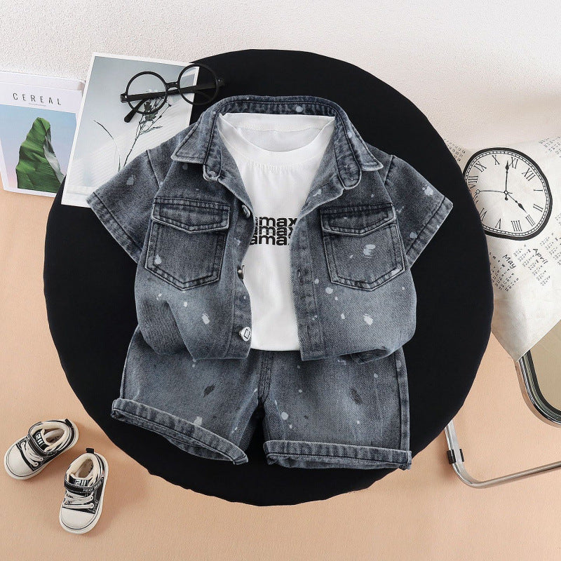 Children's Summer Western Style Denim Short Sleeve Three-piece Set Handsome Clothes Children's Suit