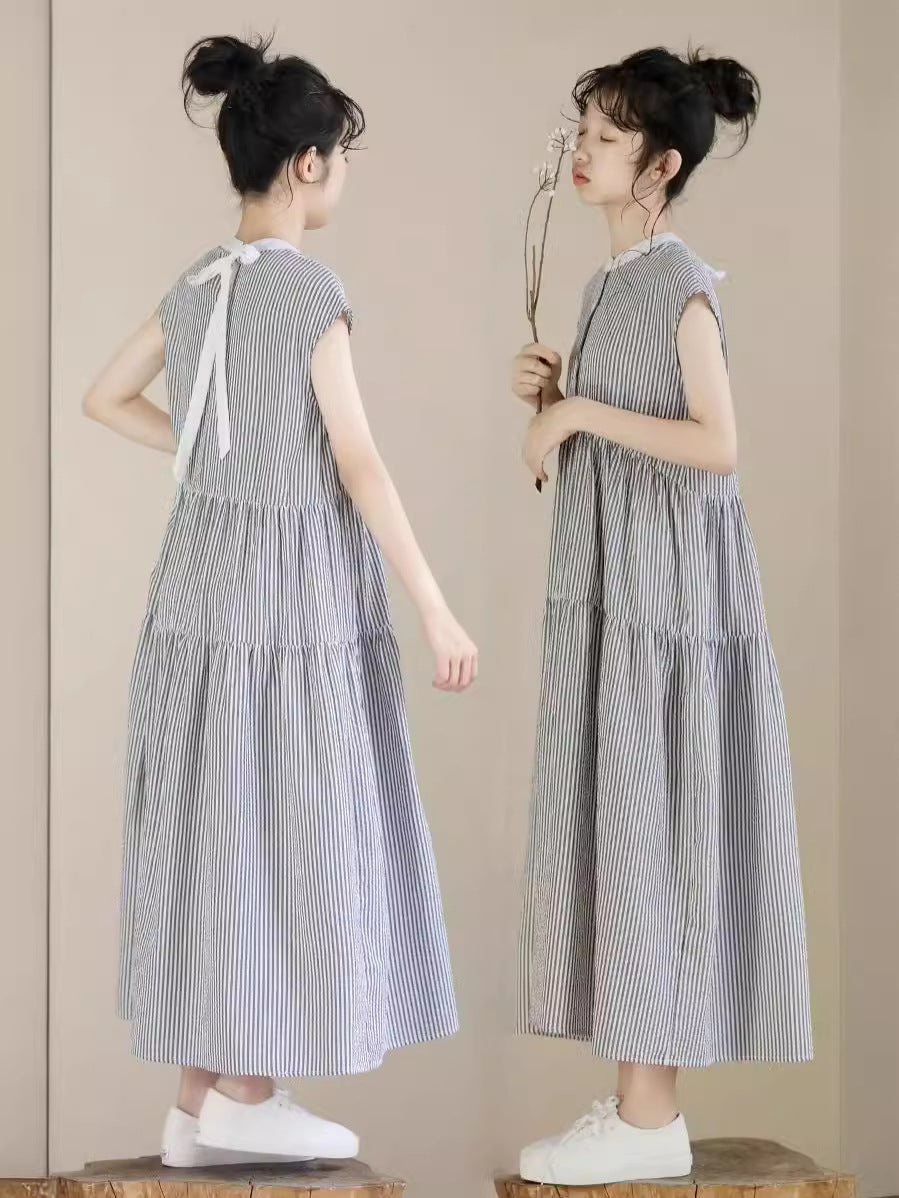 Summer Striped Stand Collar Long Sleeveless Children's Dress