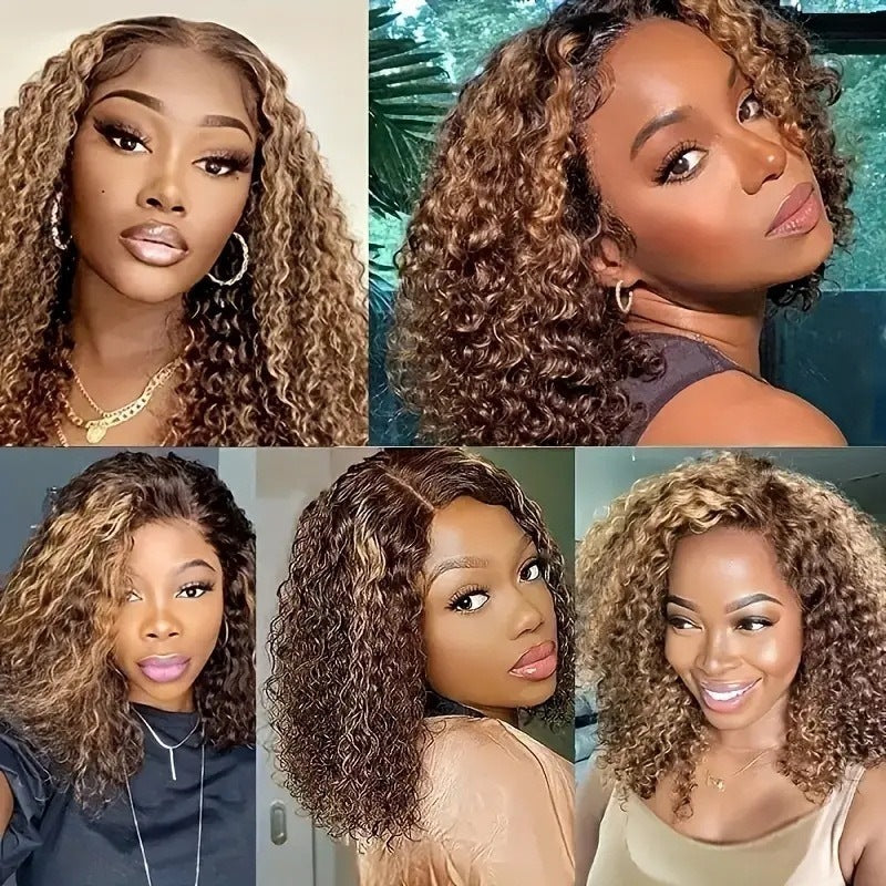 African Small Female Natural Head Cover Front Lace Piano Wig Short Curly Hair