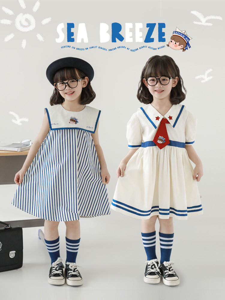 Summer Sea Patrol Dreamers Contrast Color Braid Navy Blue White Children's Dress