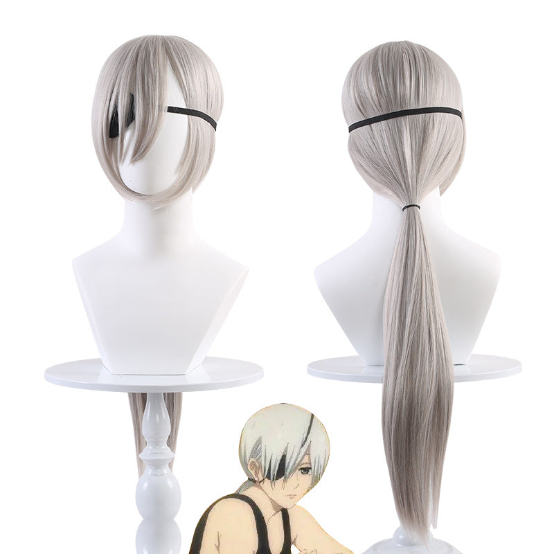 Chain Saw Hair Sier Gray Long Straight Ponytail Face Without Cos Wig