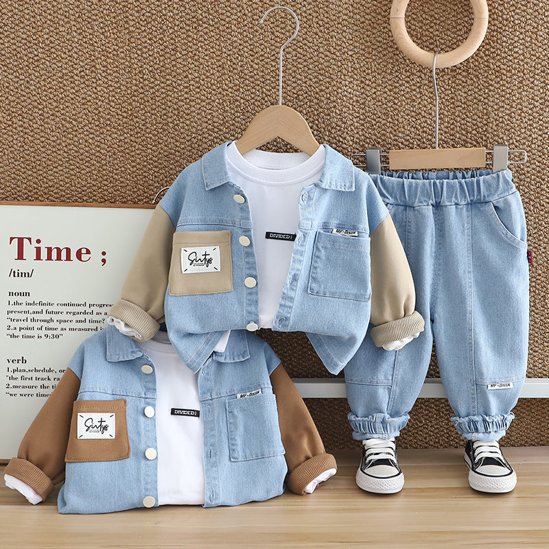 Spring Boys Stitching Letter Logo Denim Long Sleeve Three-piece Children's Suit