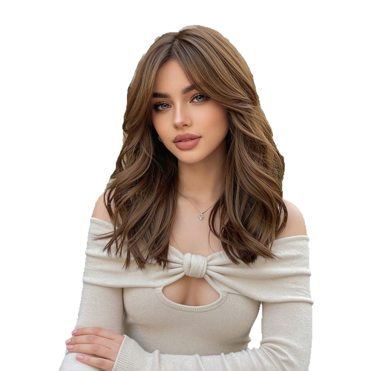 Brown Mid-length Curly Hair French Bangs Mechanism Wig Long Curls