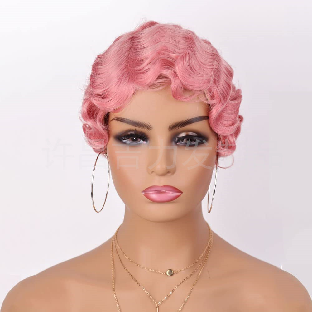 Head Cover Vintage Water Ripple Synthetic Wig Short Curly Hair