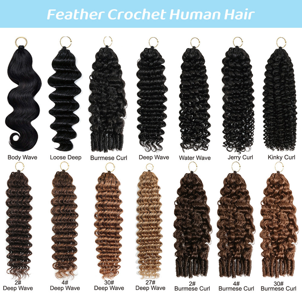 Glamorous Human Crochet Knitting Feather Extension Real Hair Wig