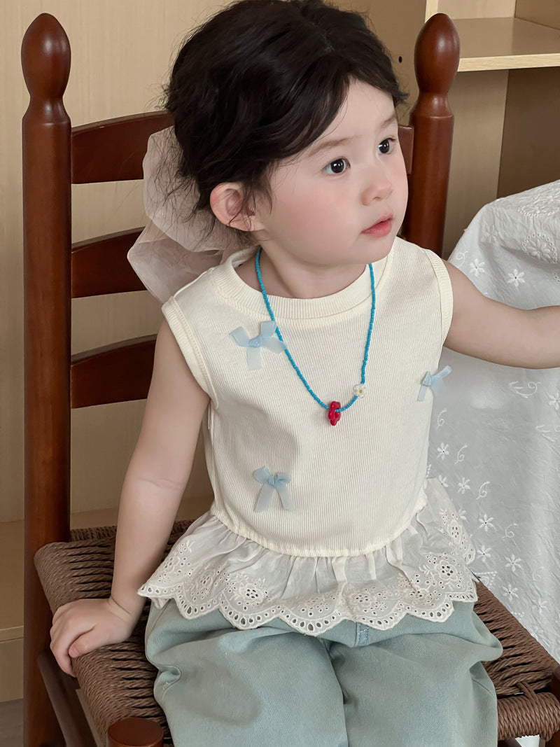 Children's Summer Korean Lace Sleeveless Top Sweet Bow Princess Children's T-shirt