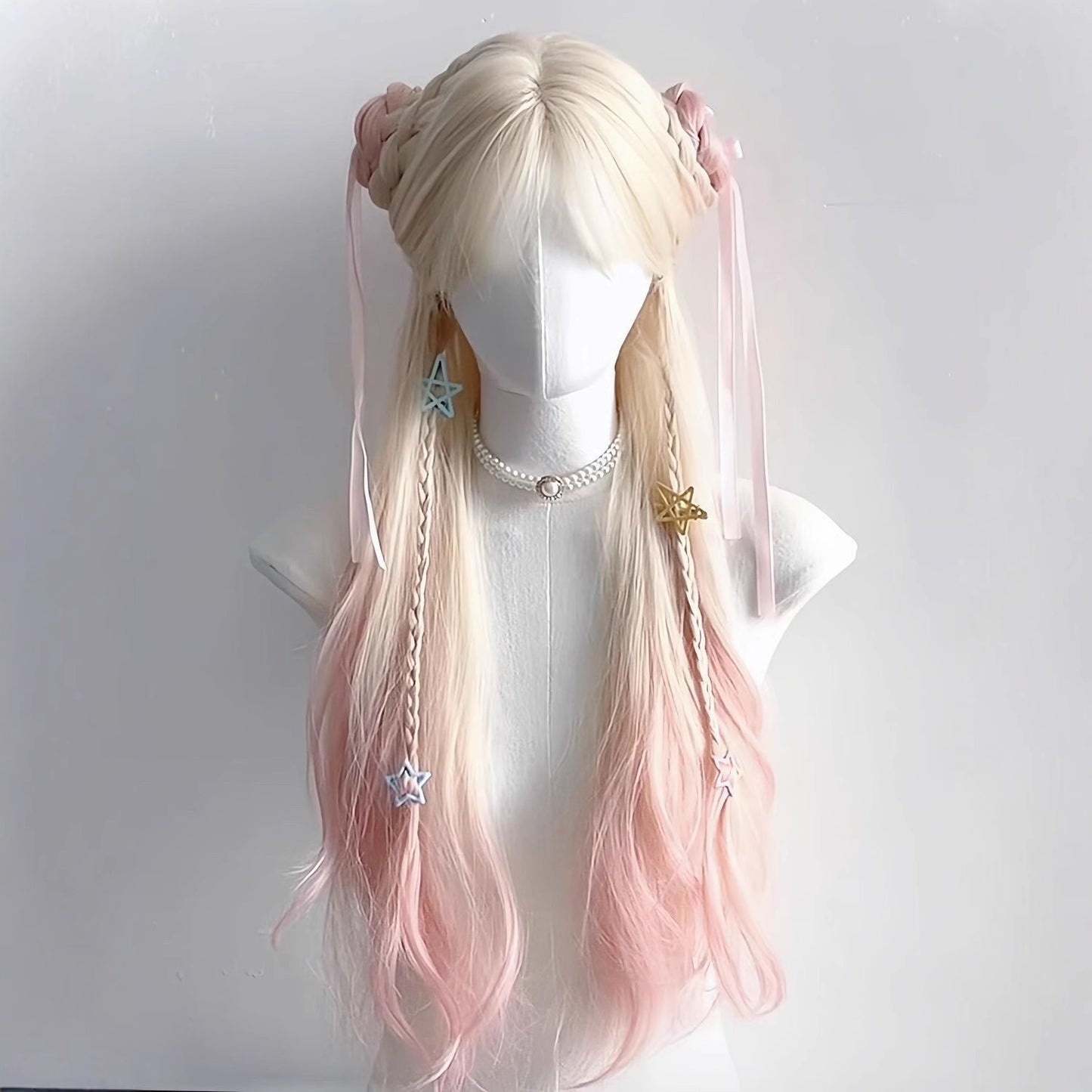 Female Platinum Color Gradient Pink Curly Hair Head Cover Straight Wig Long Curls