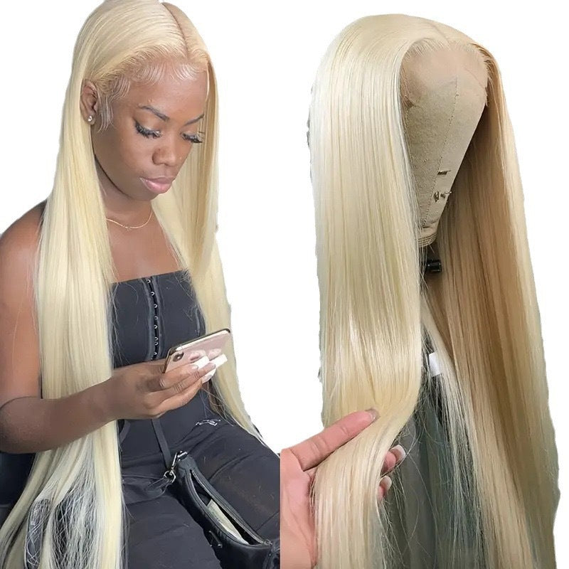 Fashion Light Gold Front Lace Head Long Straight Wig