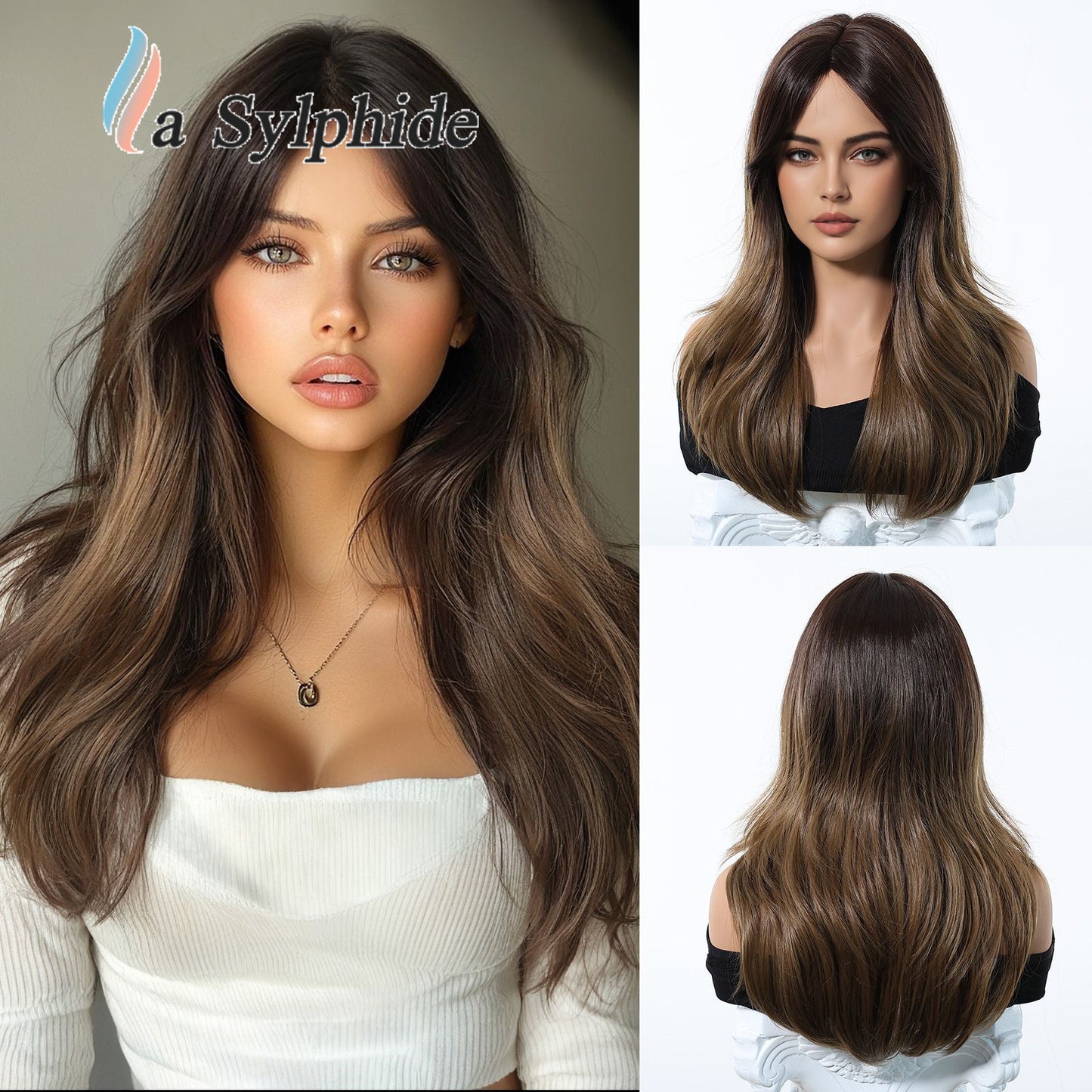 Live Broadcast Brown Golden Gradient Rose Net Mechanism Bangs Fashion Wig Long Curls