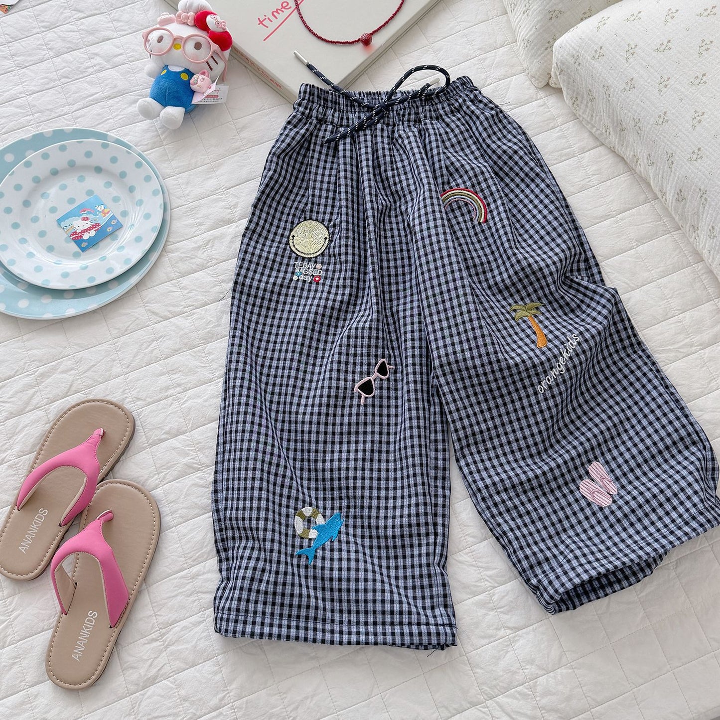 Children's Summer Plaid Casual Beach Style Embroidered Loose Anti Children's Pants