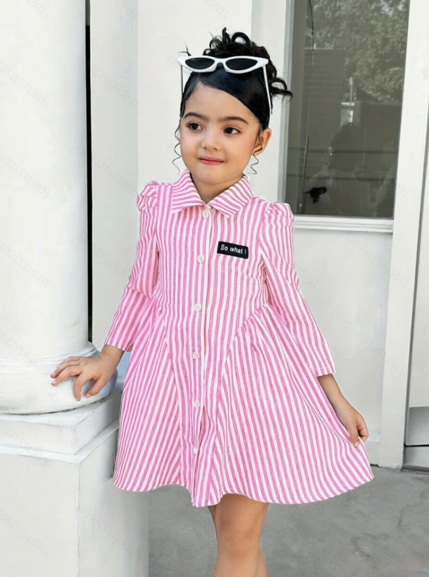 Casual Wear Matching Woven Long Sleeve Striped Tie Lace Children's Dress