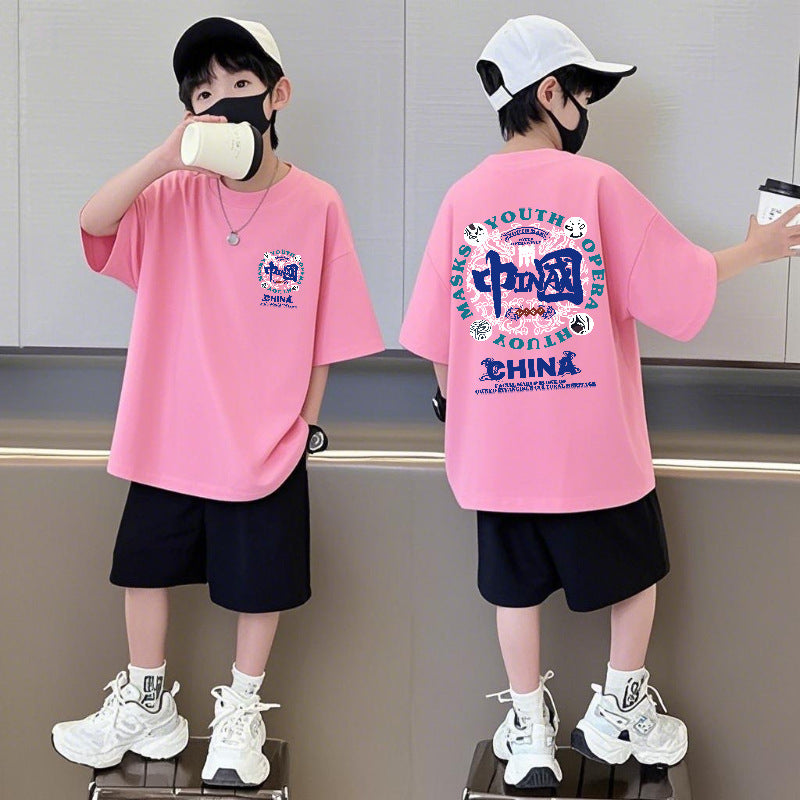Children's Pants Loose Round Neck Summer Middle Big National Fashion Casual Children's Suit