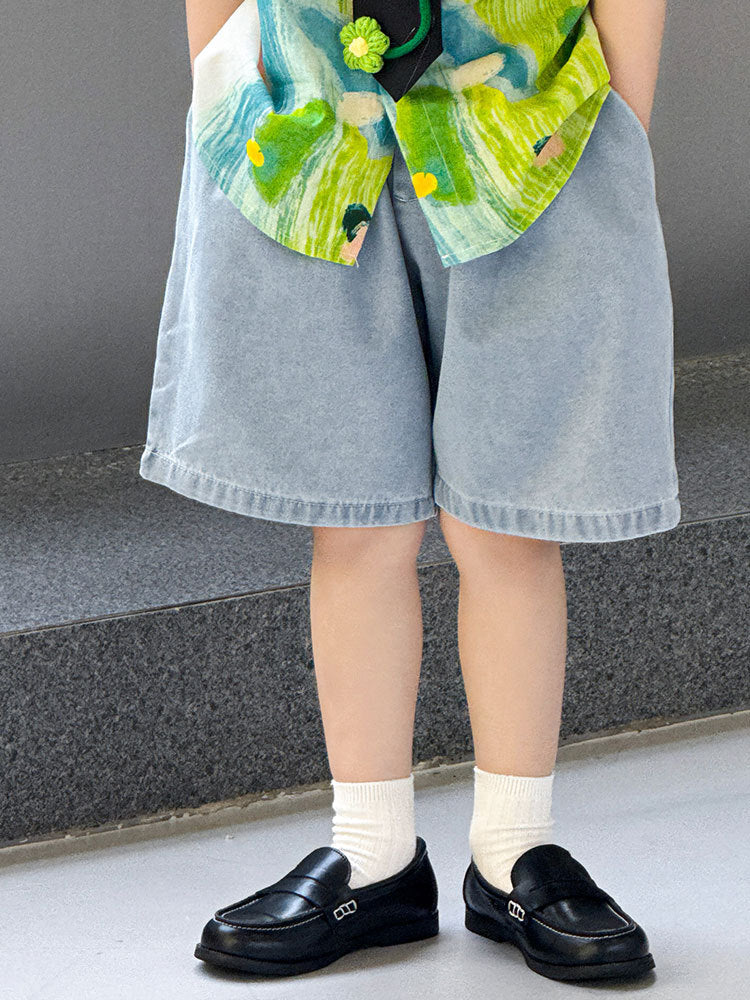 Denim Shorts Casual Printed Suspender Suit Performance Children's Shirt
