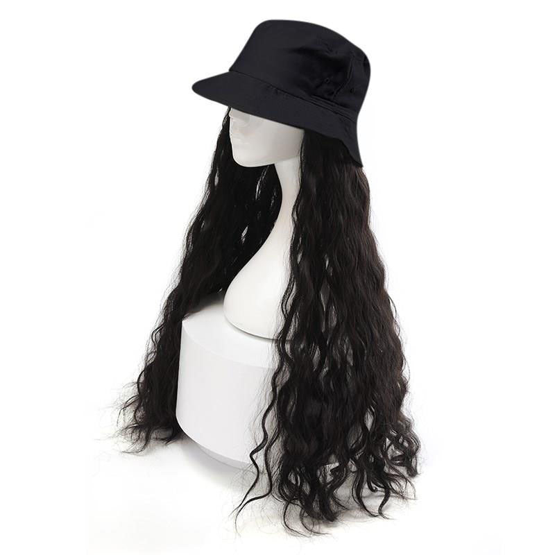 Classic Bucket Hat Detachable Big Wave Wig Long Curls