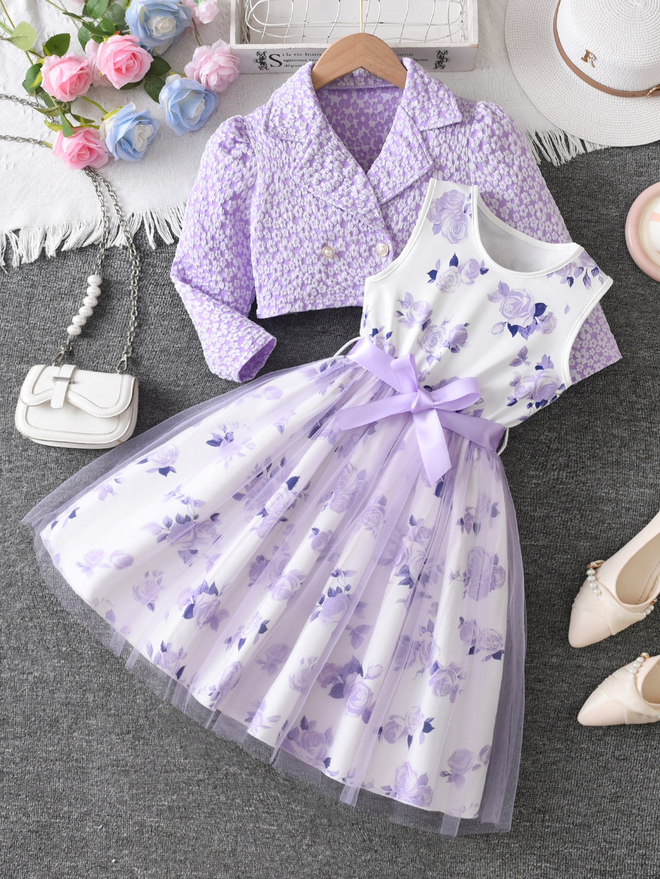 Children's Dress Sky Blue Rose Vest Classic Style Turn-down Collar Coat Children's Suit
