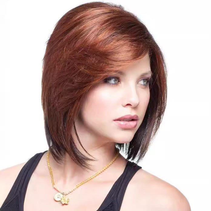 Red Partial Bangs Simulation Scalp Rose Net Wig Short Straight Hair