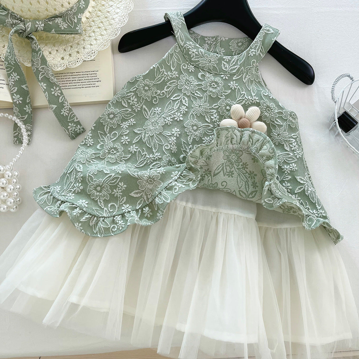 Children's Korean Style Fashionable Retro Bow Jacquard Mesh Children's Dress