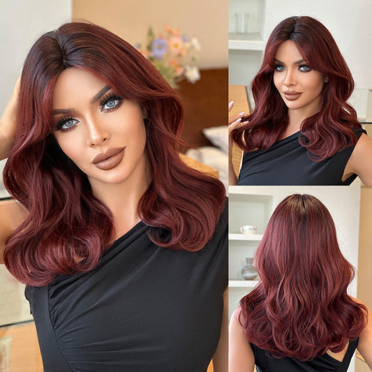 Women's Wine Red Natural Bangs High Quality Wig Short Curly Hair