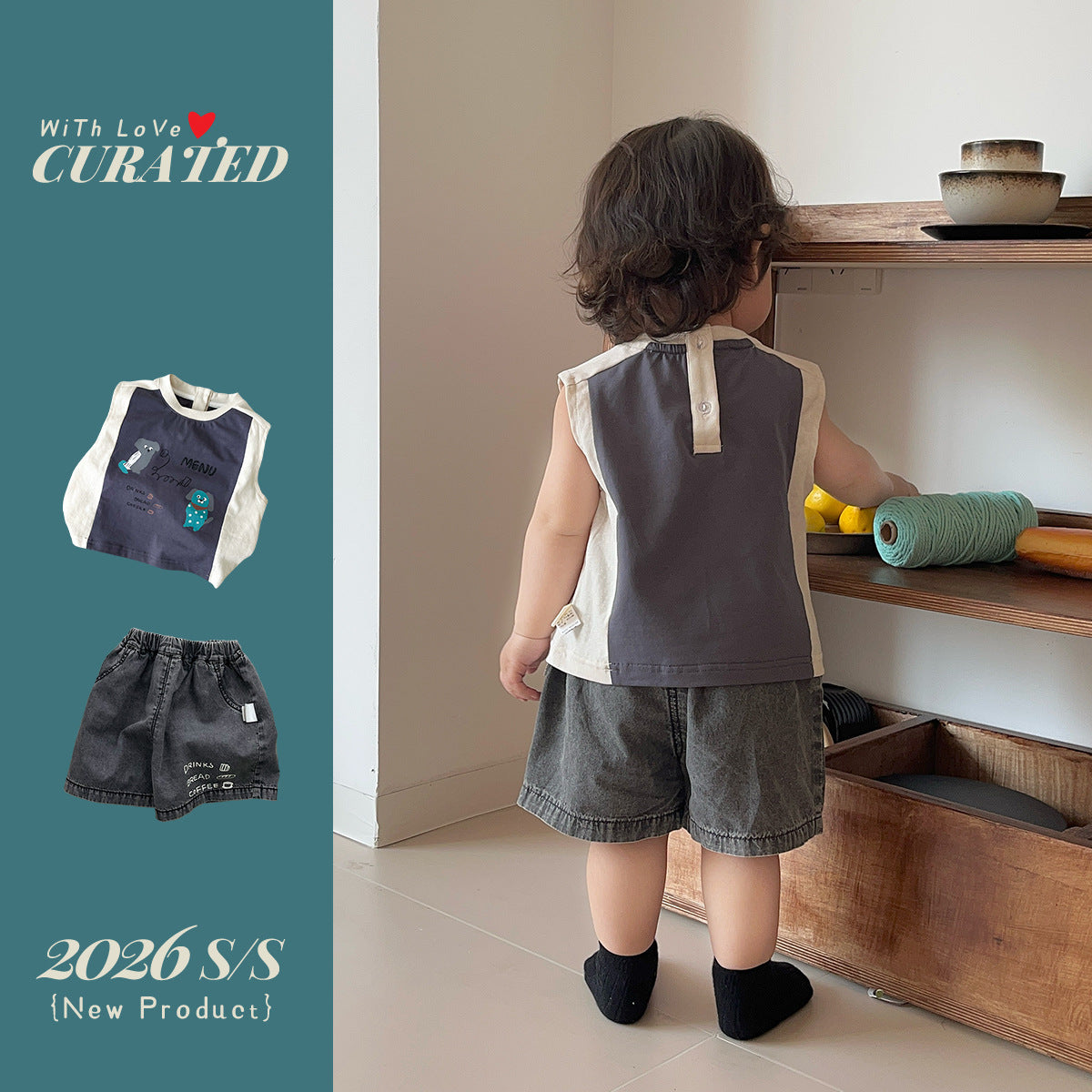 Children's Cartoon Stitching Vest Short Sleeve Ice Silk Denim Shorts Trendy Children's Suit