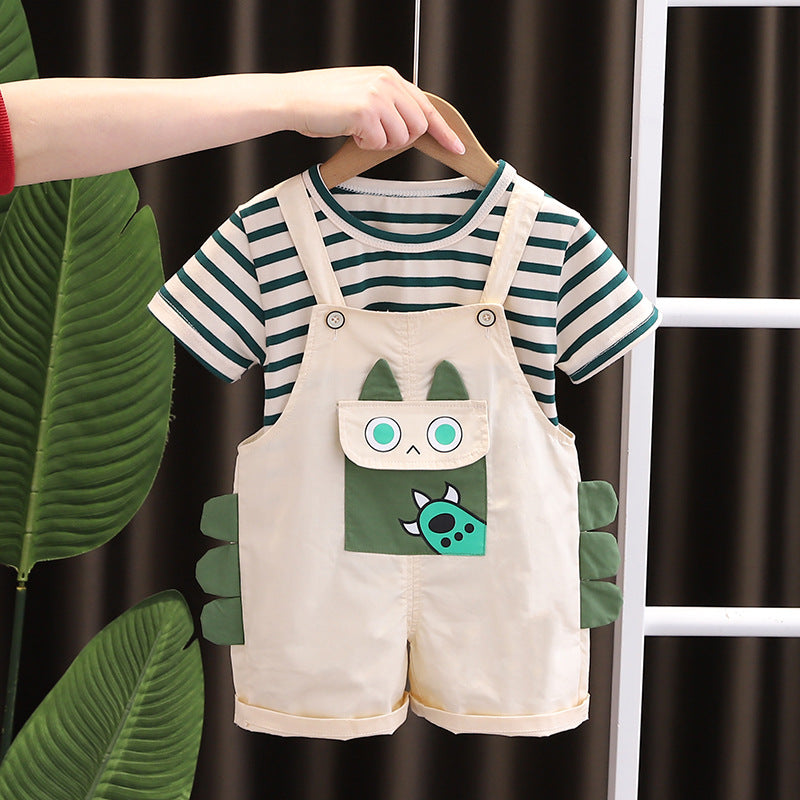 Children's Clothes For Babies Summer Short-sleeved Split Striped Suspender Pants Children's Suit