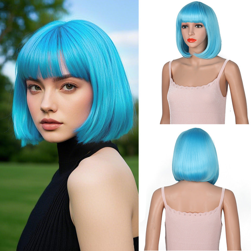 Women's Fashion Long Black Head Cover With Wig Short Straight Hair
