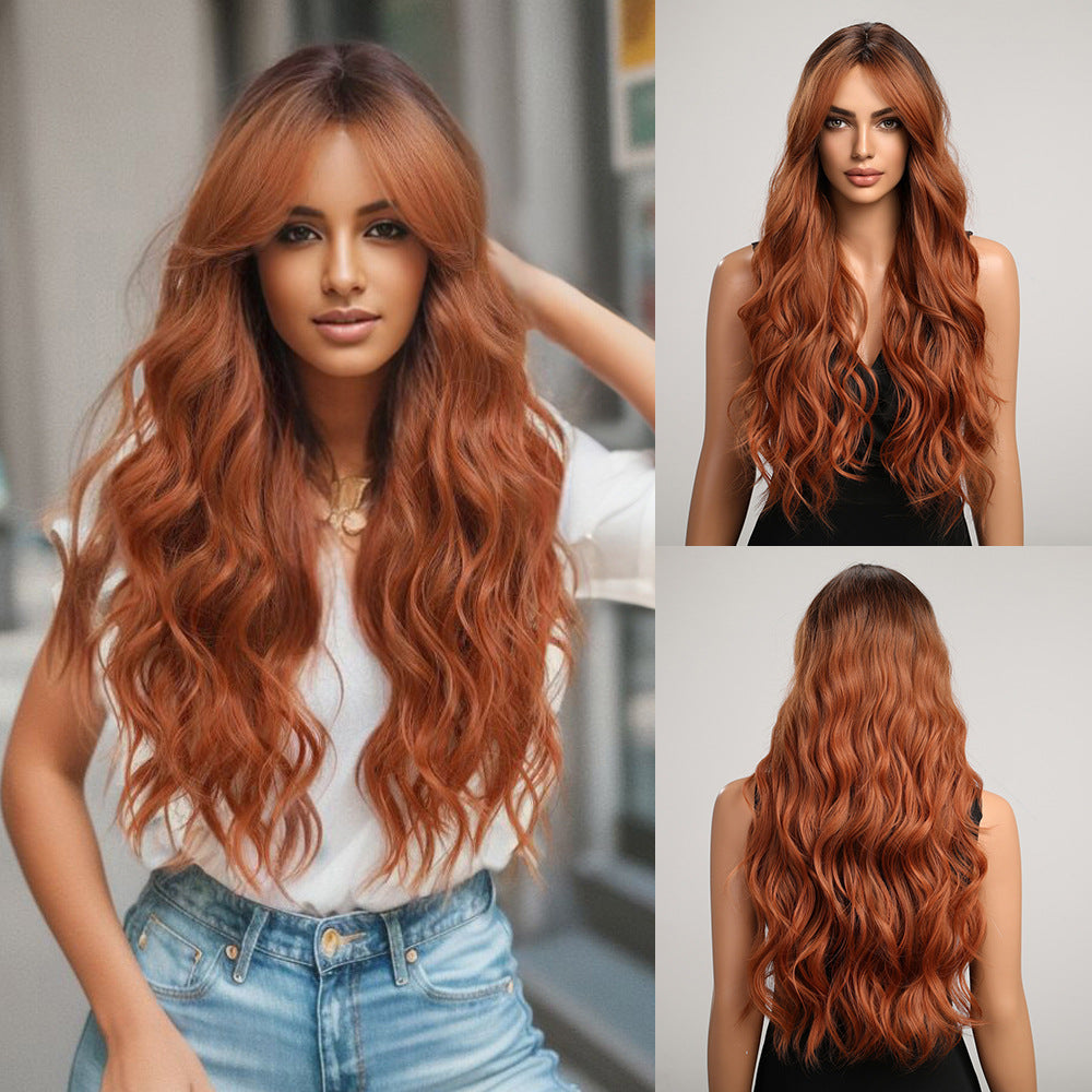 Big Wave Female Bangs Black Gradient Gray Curly Wig Long Curls