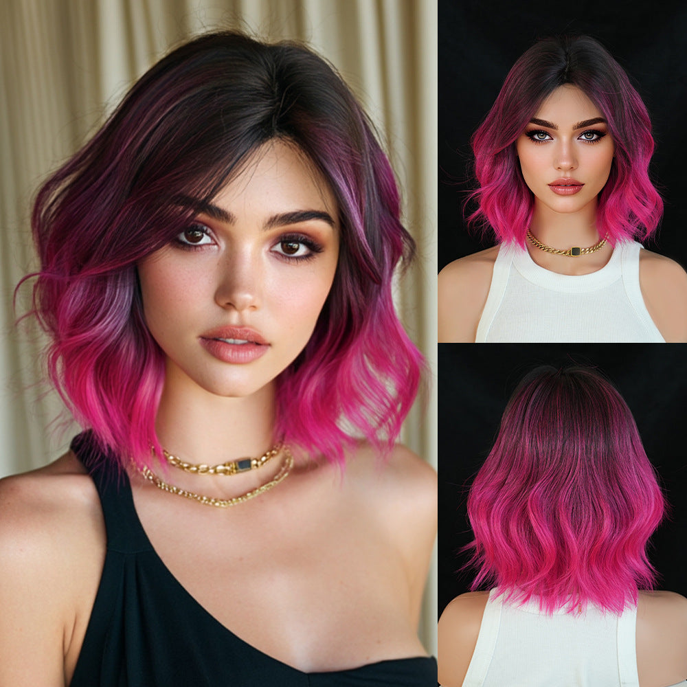 High Quality Gradient Short Curly Hair Medium Wave Mechanism Rose Wig Long Curls