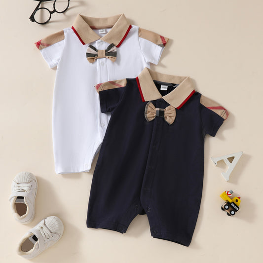 Babies Summer Jumpsuit Lapel Short Sleeve Solid Color Jumpsuit, Climbing Suit