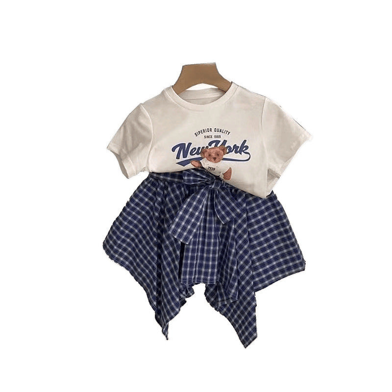 Summer Korean Short-sleeved T-shirt Irregular Plaid Children's Suit