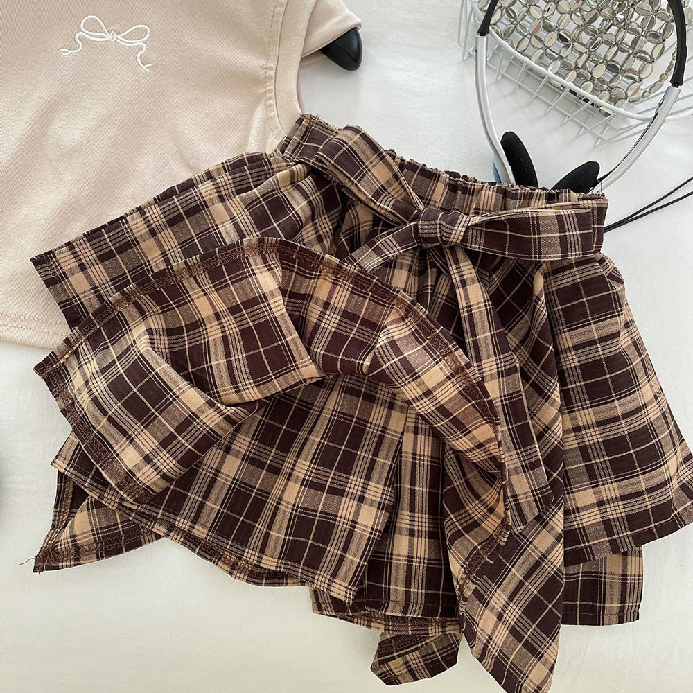 Thin Plaid Bow Irregular Skirt Two-piece Children's Suit