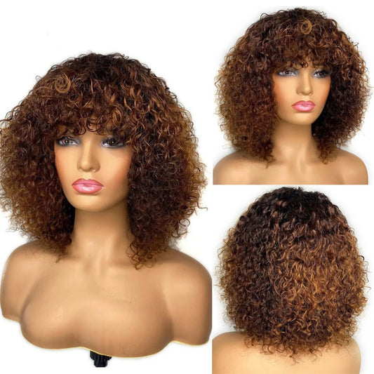 Brazilian Fringe Bangs Curly Bob Density Real Hair Wig
