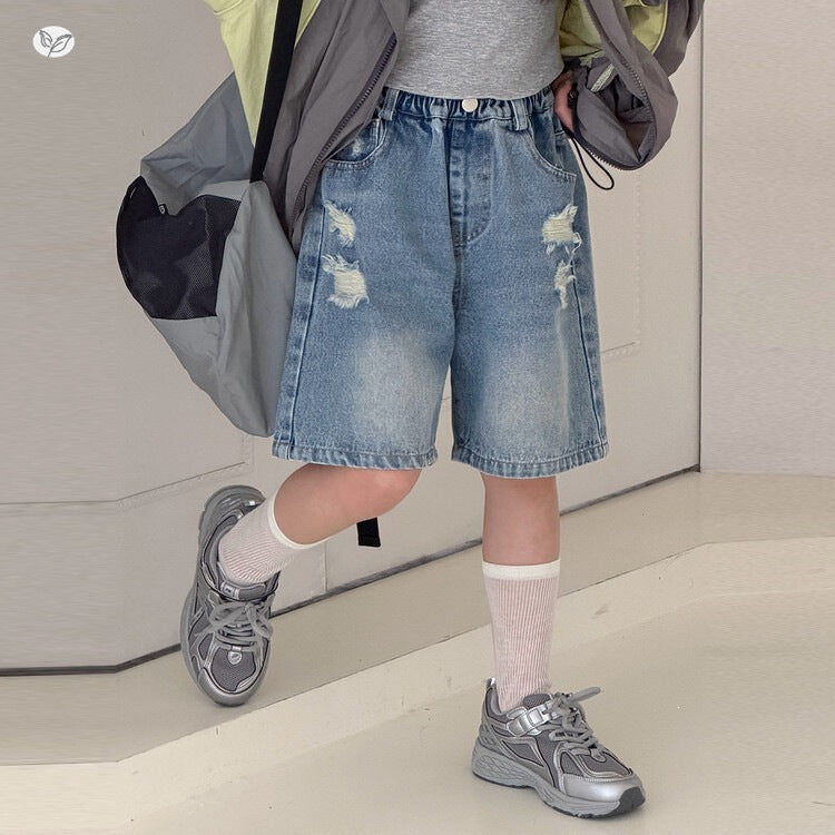 Middle Big Summer Ripped Cropped Jeans Blue Children's Pants