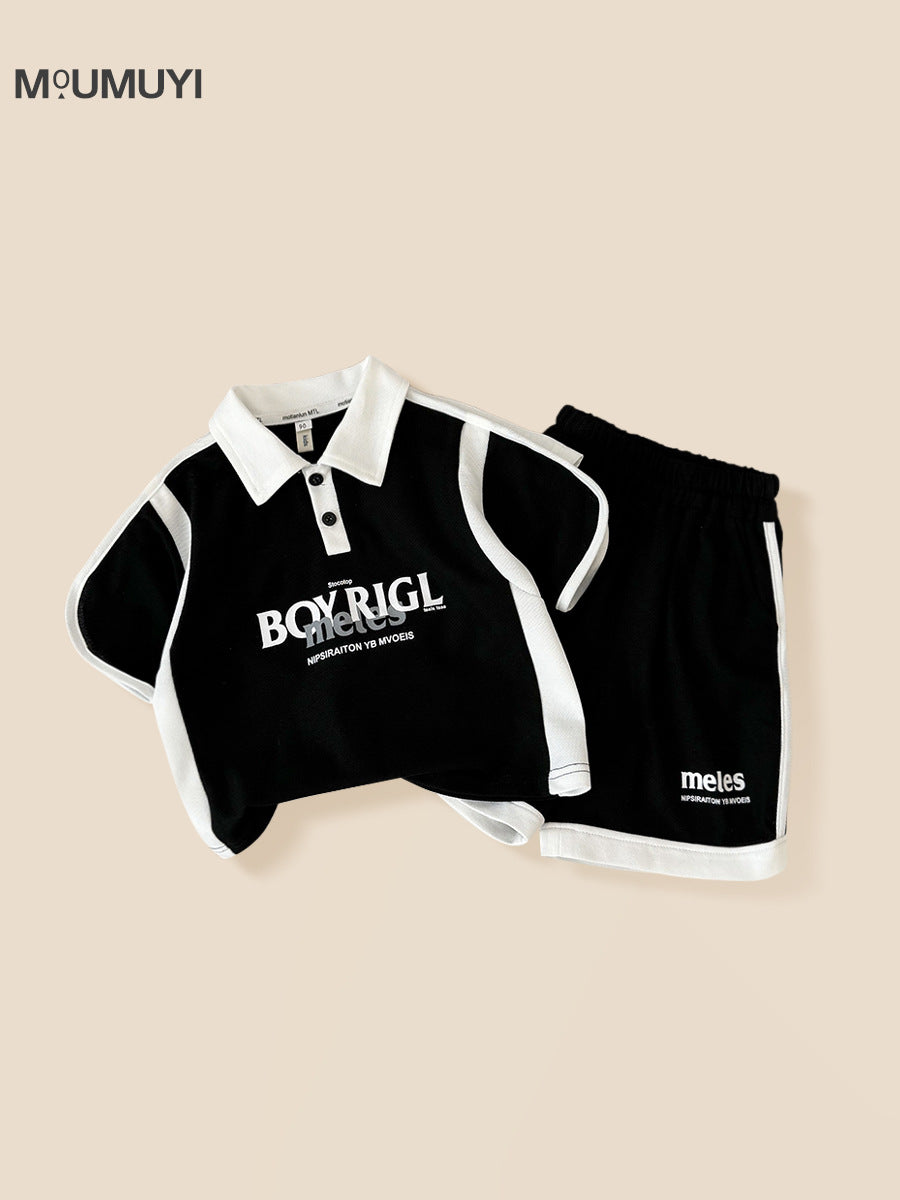 Style Trendy Stitching Contrast Color Short Sleeve Loose Shorts Two-piece Children's Suit
