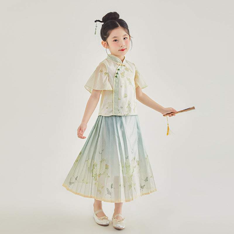 Chinese Style Traditional Short Sleeve Skirt Clothes Two-piece Woven Children's Suit