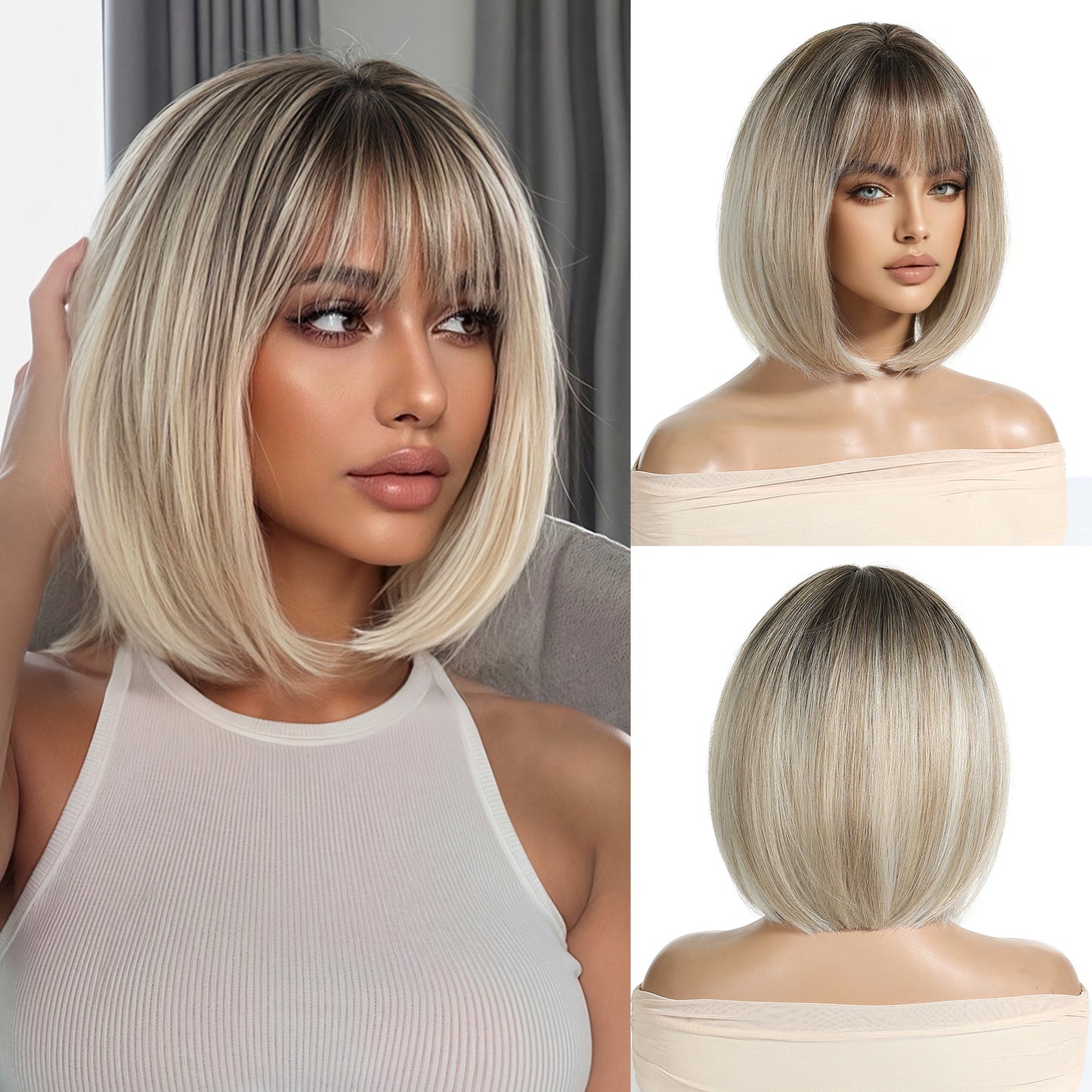 Breathable Bangs Gradient Gold Wave Full Wig Short Straight Hair