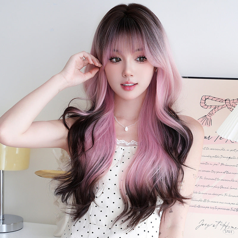 Women's Coffee Pink Gradient Headgear Chemical Fiber Wig Long Curls