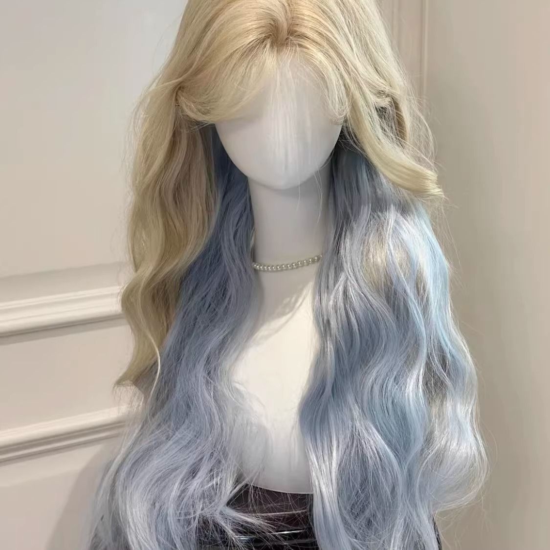 Women's Sea Salt Platinum Color Gradient Blue Realistic Natural Style Big Wig Long Curls