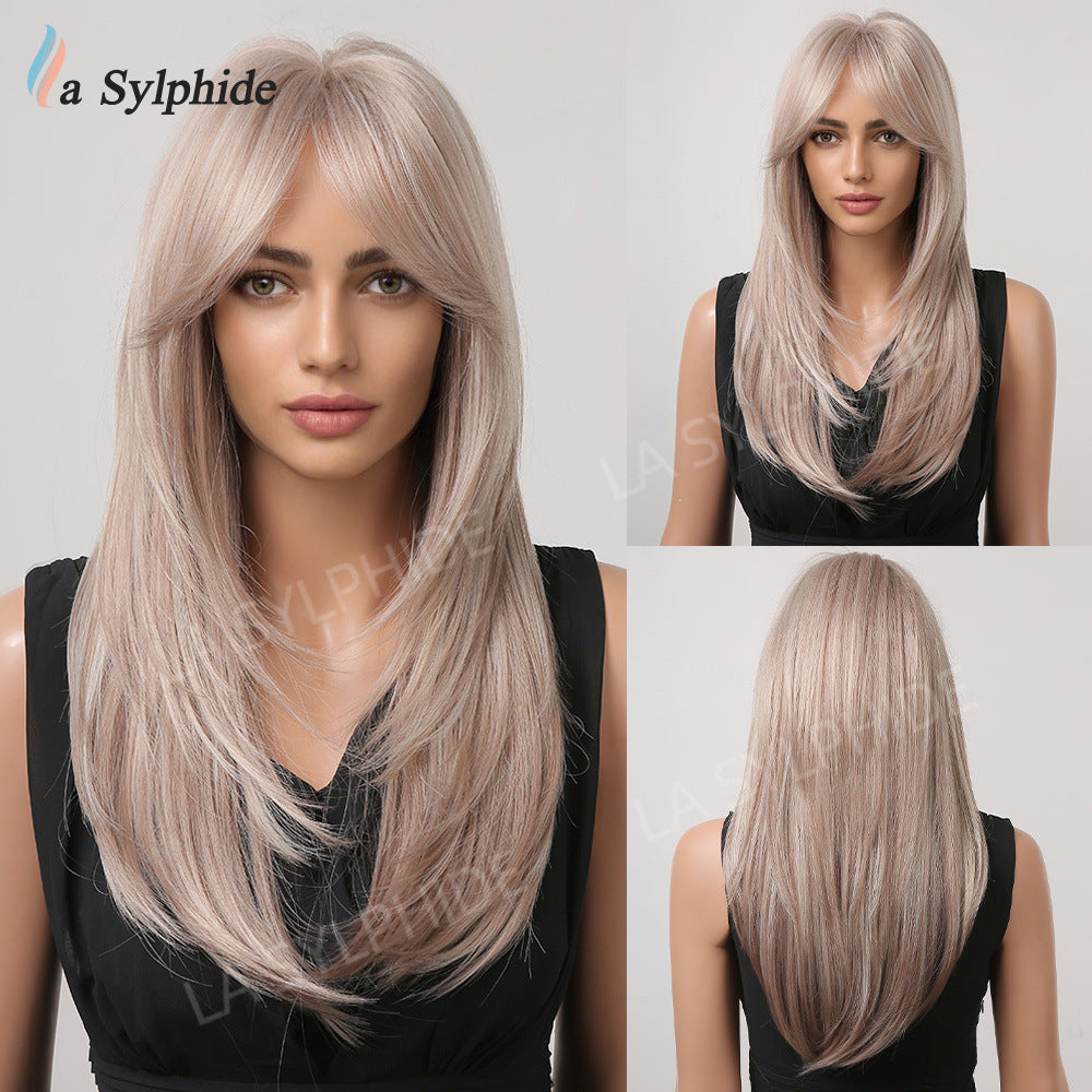Bangs Mid-length Texture Hair Intellectual Female Mechanism Golden Synthetic Wigs Long Straight Wig