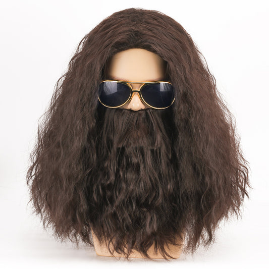 Movie Role Play Brown Long Curly Hair Beard Accessories Men's Wig