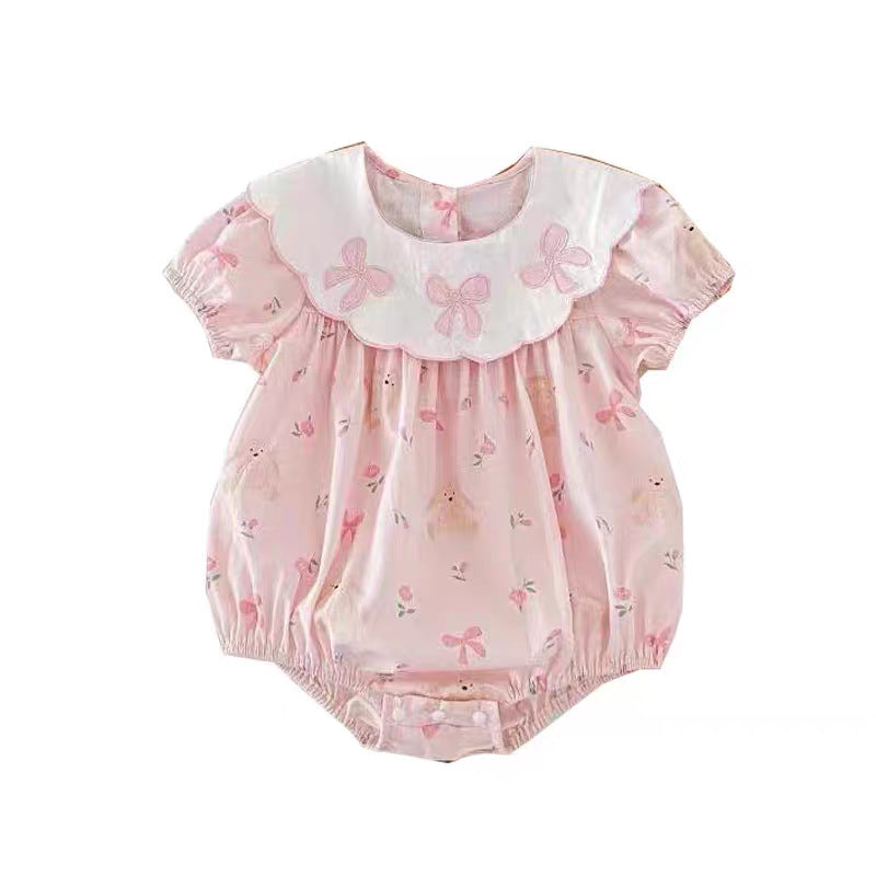 Children's Style Summer Bow Flower Embroidered Dress Rabbit Printed Thin Short Jumpsuit, Climbing Suit