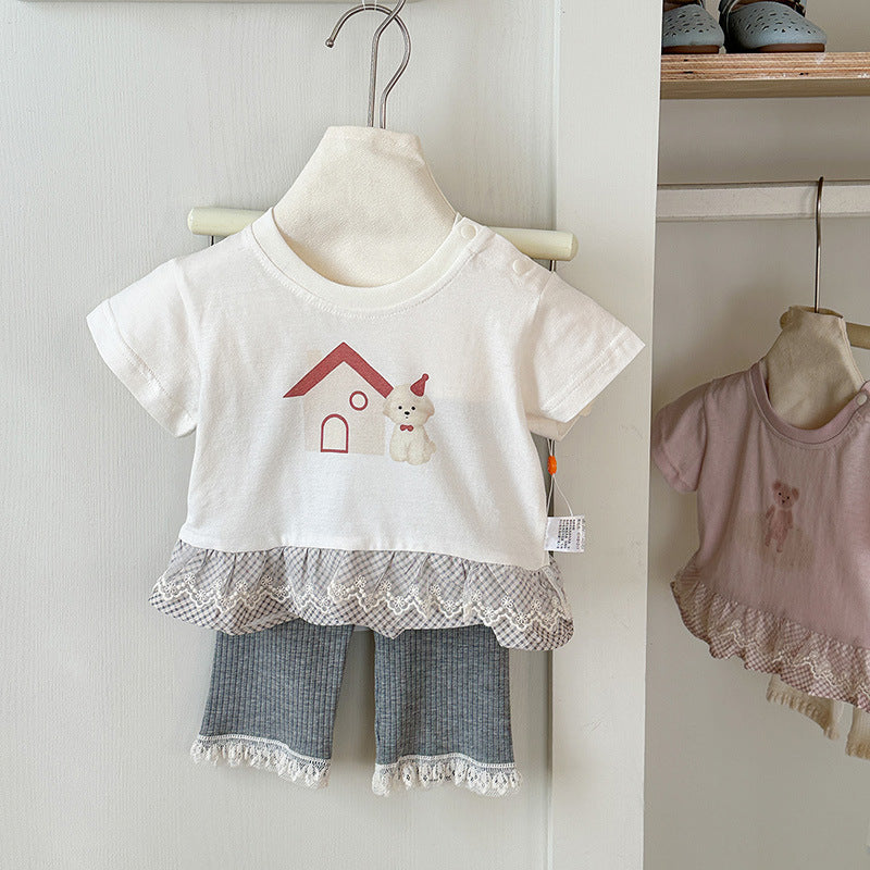 Summer Infant Cartoon Printed Top Sweet Lace Short Children's T-shirt