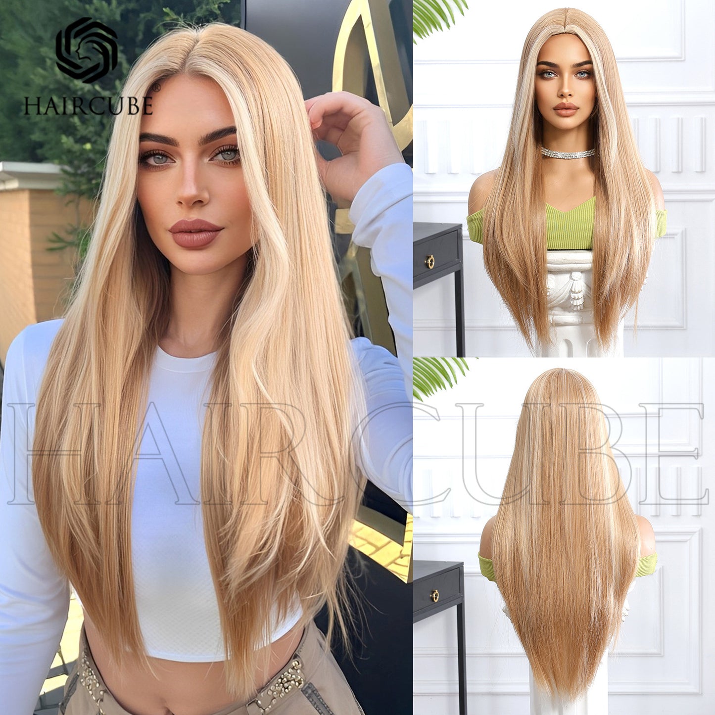 Female Headgear Mid-length Hair Chemical Fiber Golden Highlight Long Straight Wig