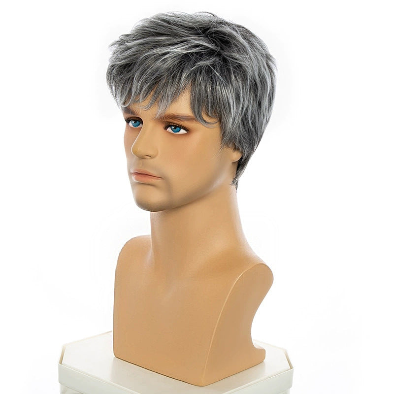 Handsome Man Head Cover Gradient Gray Wig Short Straight Hair