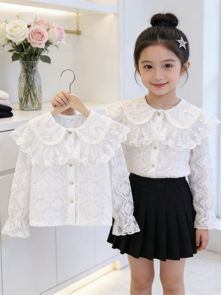 Children's Style White Doll Collar Lace Top Children's Shirt