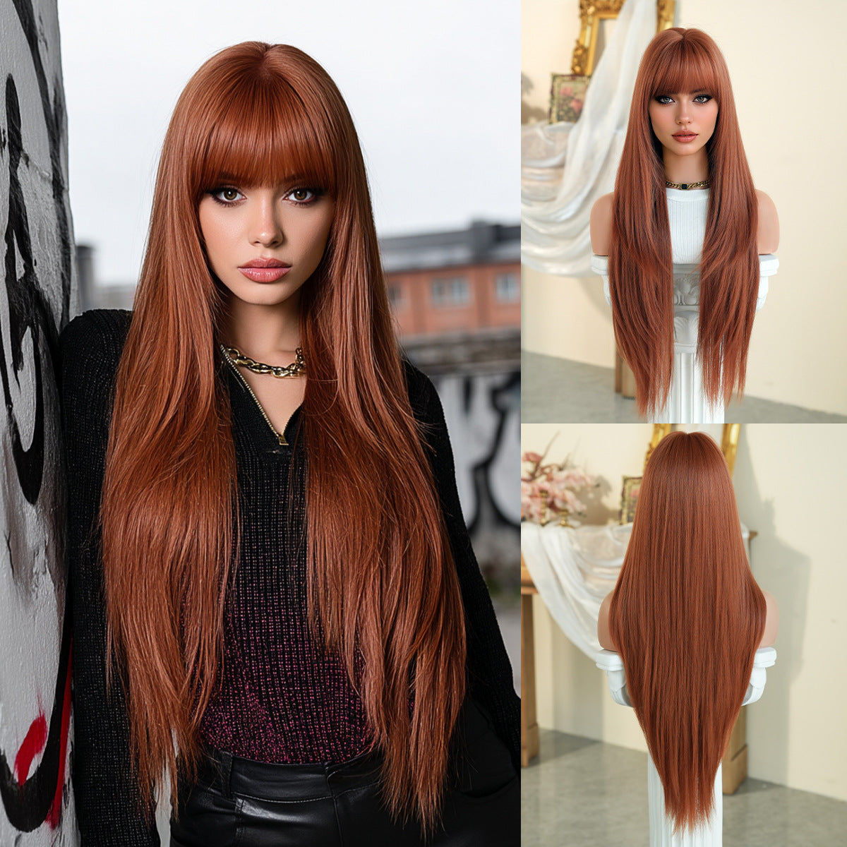 Black Full Top Bangs High Quality Chemical Long Straight Wig