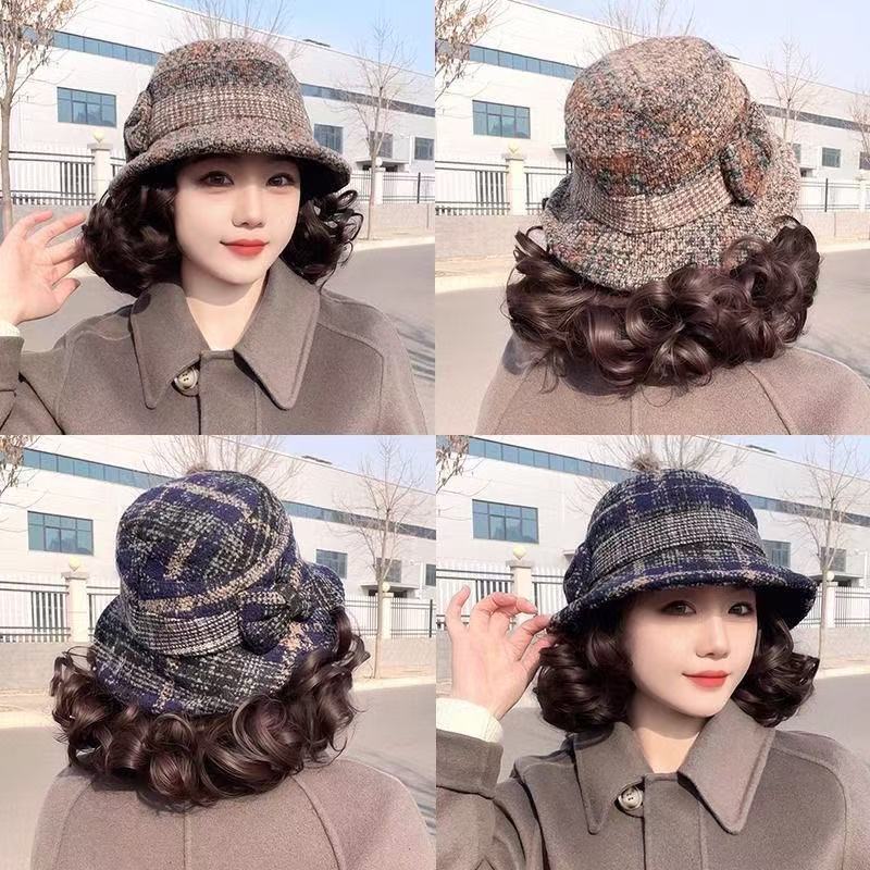 Fashion Hat Integrated Bucket Mother Top Warm Head Wig Short Curly Hair