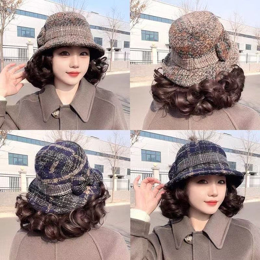 Fashion Hat Integrated Bucket Mother Top Warm Head Wig Short Curly Hair