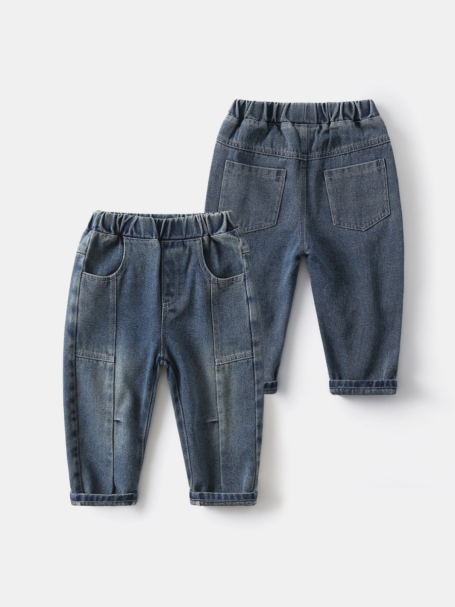 Children's Jeans Korean Style Washed-out Vintage Solid Children's Pants