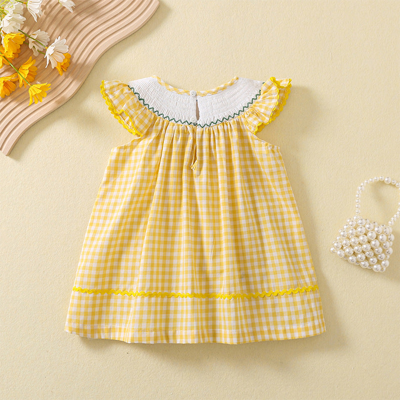Flounced Sleeve Tartan Skirt Smocking Chick Embroidered Children's Dress
